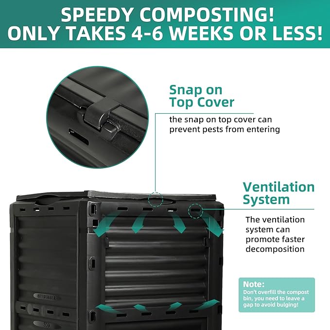 Compost Bin Outdoor 80 Gallon (300L) Large Compost Bin Composter with w/Top Flip Latch-on Lid BPA-Free Composter Barrel for Garden, Kitchen, and Yard Waste, Black, Easy Assembly