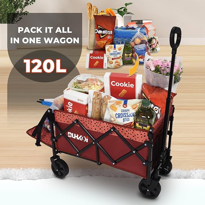 Collapsible Tailgate Wagon with Wheels, Compact Size Folding Utility Cart, 380LBS Capacity for Garden, Grocery, Beach, Camping – Portable Heavy Duty Cart(Brick Dot)