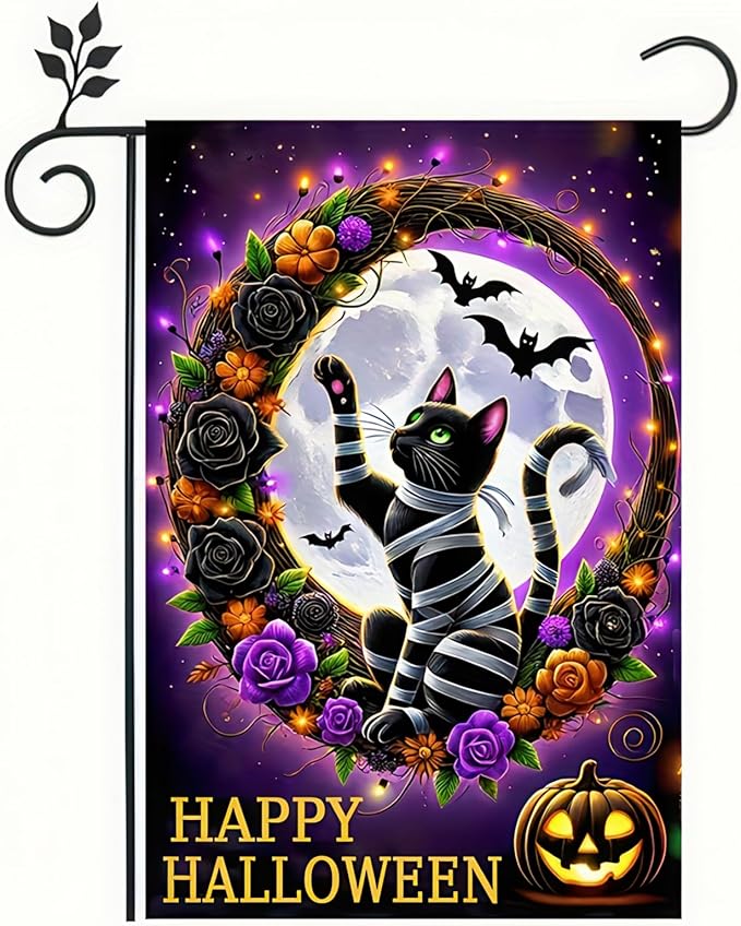 Trick or Treat Halloween Garden Flag for Outside, Black Cat Garden Flag 12x18 Double Sided Vertical Kitten Yard Flag for Outside Halloween Winter Lawn Farmhouse Patio Banner
