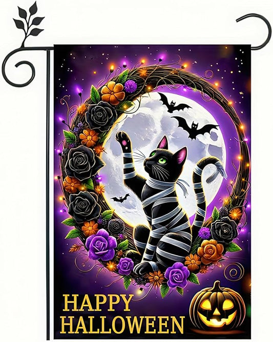 Trick or Treat Halloween Garden Flag for Outside, Black Cat Garden Flag 12x18 Double Sided Vertical Kitten Yard Flag for Outside Halloween Winter Lawn Farmhouse Patio Banner