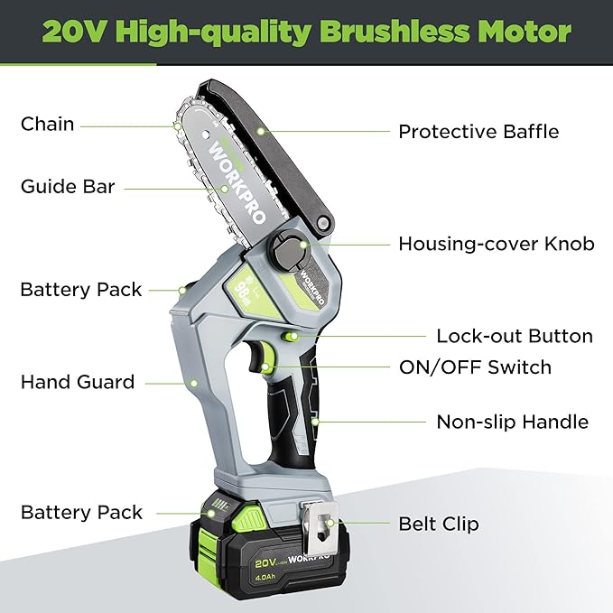 WORKPRO Mini Chainsaw, 6.3“ Brushless Cordless Power Compact Chain Saw with 4.0Ah Battery, 20V One-Hand Operated Portable Wood Saw with Replacement Chain for Garden Tree Branch Pruning, Wood Cutting