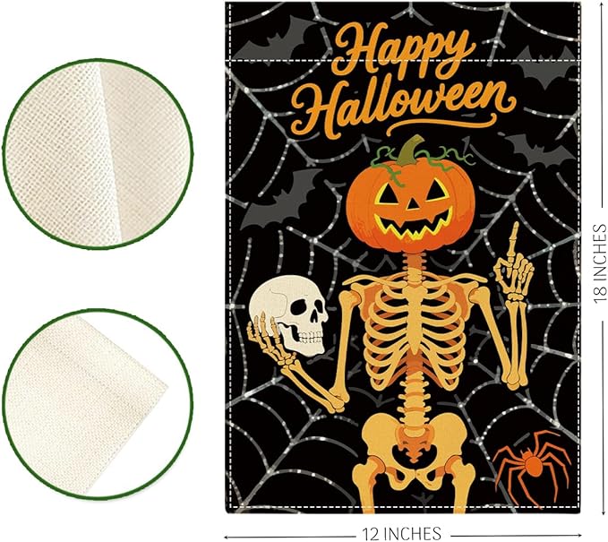 Happy Halloween Garden Flag Skeleton Pumpkins Fall Halloween Themed Holiday Party Outside Outdoor Lawn Decorations Yard Flag Double Sided 12x18 Inch