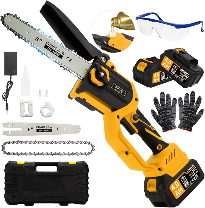 Cordless Mini Chainsaw,8 & 6 Inch Hand Chainsaw with 2×4.0Ah Battery,Tool-Free Installation Brushless Chain Saw with Automatic Oiling Device,Small Motosierra for Wood Cutting Tree & Pruning