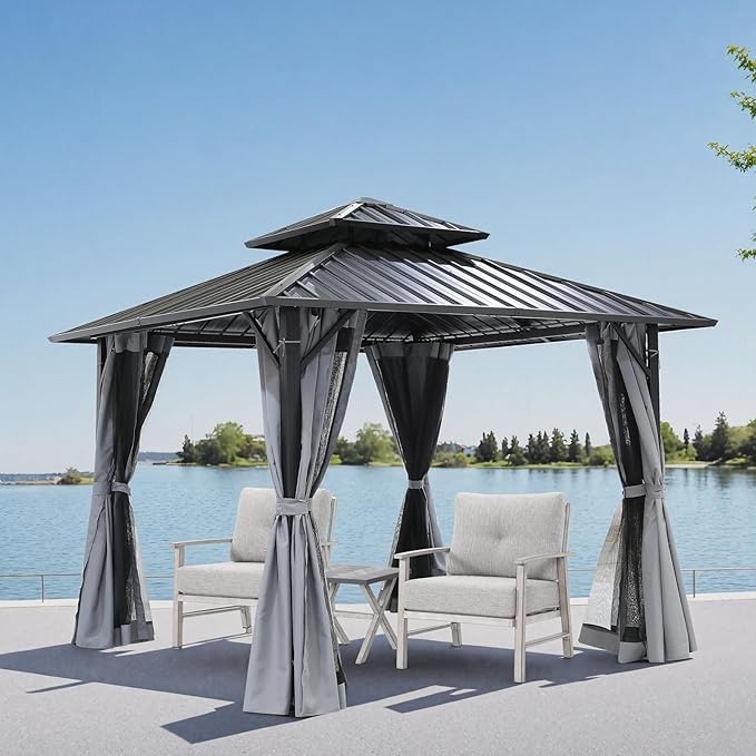 10' x 10' Hardtop Gazebo, Aluminum Frame Outdoor Patio Gazebos with Netting and Curtains, Outdoor Gazebo Canopy, Patio Pergola with Double Steel Roofs for Backyard, Patio, Deck, Slate Gray