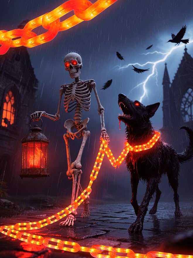 Halloween Chain Lights – 10 Ft 160 LED Orange Plastic Chains, Battery Operated Halloween Decorations with 8 Lighting Modes & Timer, Spooky Haunted House & Party Decor