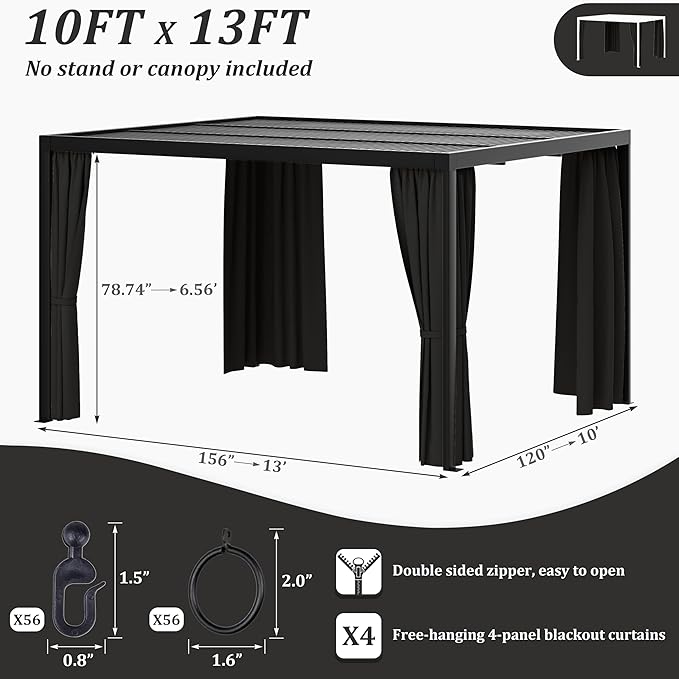 Gazebo Universal Replacement Privacy Curtain,10'×13' Gazebo Outdoor Waterproof Curtains, 4-Panels Sidewall Curtains with Double Zipper for Patio Canopy, Garden and Backyard (Curtain Only)