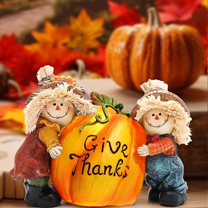 Hodao Fall Thanksgiving Resin Scarecrow Pumpkin Figurines - Adorable Scarecrow Embrace Pumpkin Decorations for Home Indoor Table Decor-Fall Thanksgiving Gifts