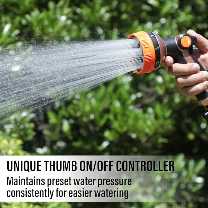Heavy Duty Garden Hose Spray Nozzle, Metal Water Hose Nozzle with 8 Spray Patterns, Hose Nozzle with Thumb Control On Off Valve for Lawn Watering, Car Washing, Pets Showering