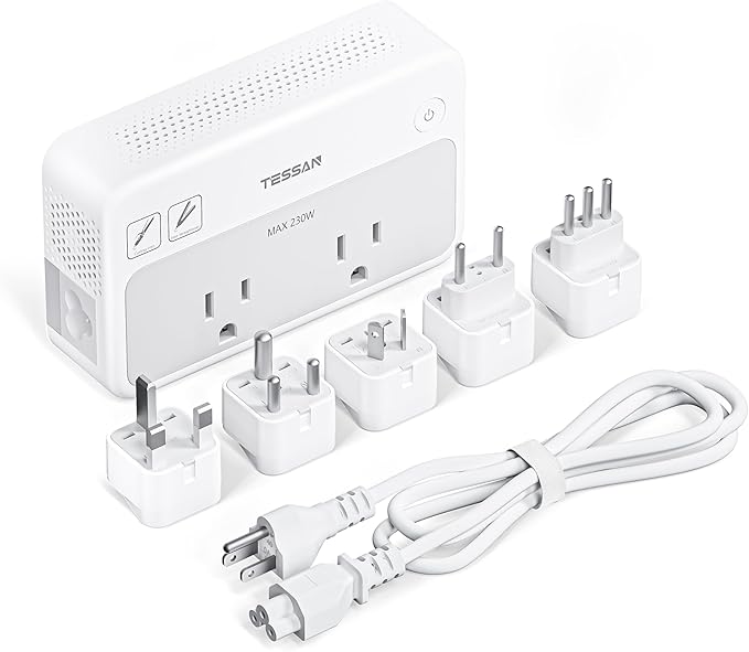 TESSAN 220V to 110V Voltage Converter, Universal Travel Power Adapter Combo with International Plug (Type C/G/D/I/L), 2AC 4 USB Ports(1 USBC)，230W Max Step Down Transformer for US to Europe