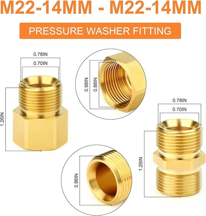 GASHER 4Pcs Brass M22 Pressure Washer Fitting,M22-14mm Male x M22-14mm Female And M22-14mm MaleThread Fittings,For Pressure Washer Hose