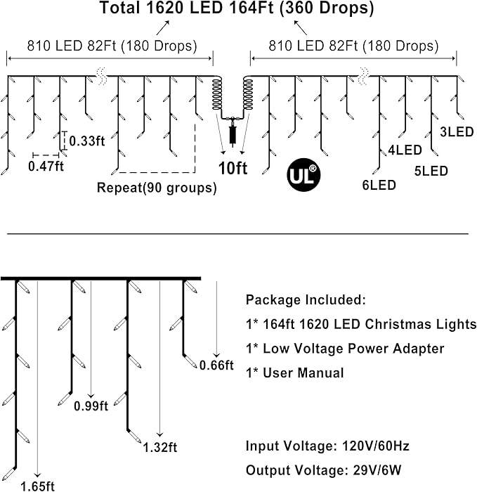 1620 LED Christma Lights with 360 Drops, 164ft Outdoor Hanging lights with 8 Modes & Timer Memory, Outsite Waterproof Curtain String Lights for Front House Fence Tree Holiday Decorations Multicolor