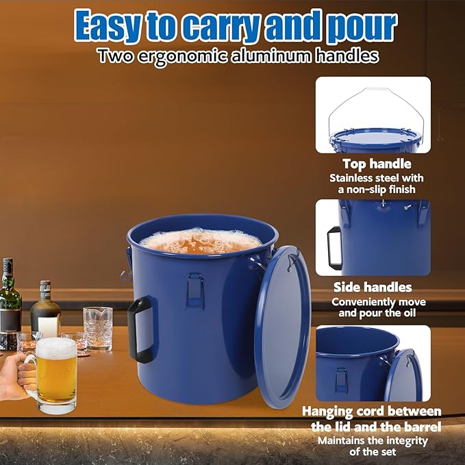 6 Gallon Commercial Fryer Oil Bucket with Lid, Fryer Grease Bucket, Coated Carbon Steel Fryer Oil Container with Rubber Seal, Rustproof, Leakproof, Filter Bag for Hot Cooking Oil Filteringm, Blue
