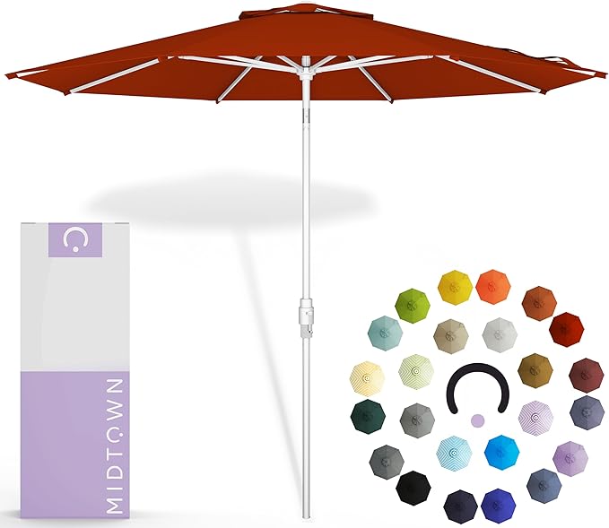 Midtown Umbrellas The Swilt 10 Feet Patio Umbrella in Terylast Apple (Red) Polyester Fabric - Fiberglass Ribs, Auto-Tilt Aluminum Frame For Backyard, Deck, Garden, Pool - White Pole