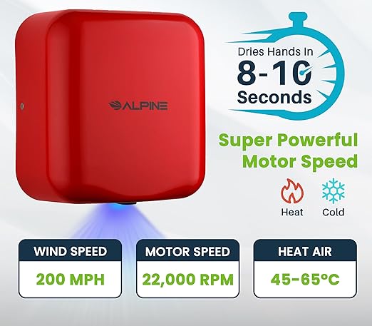 Alpine Automatic Hand Dryers for Bathrooms Commercial High Speed 110-120V Stainless Steel Electric Hand Dryer, Plug In & Hardwire Options with Air Filter, ADA & UL Compliant & 5 Years Coverage (Red)