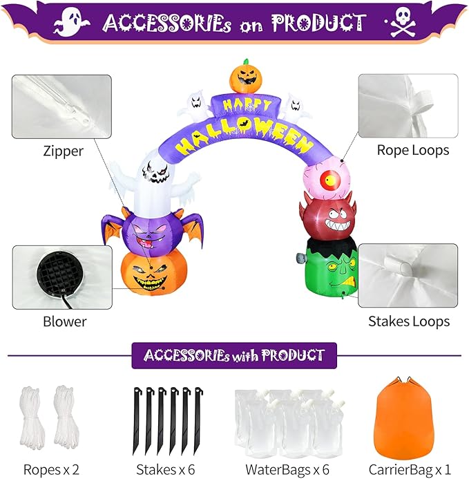 DomKom 10FT Long&8FT Tall Gaint Halloween Inflatable Decorations Arch, Build-in LED Lights Holiday Blow Up Yard Decoration for Halloween Holiday Party Outdoor，Garden Yard Lawn Decor