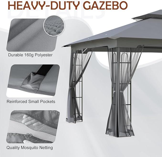 COOS BAY 10x12 Outdoor Patio Gazebo with Netting, Two-Tier Soft Top Canopy for Backyard, Lawn, Deck and Garden, Gray