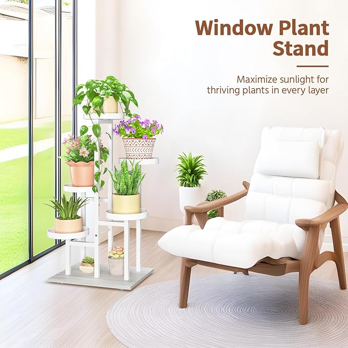LASZOLA White 5 Tier Plant Stand Indoor Heavy Duty Rack for Modern House Planter, Metal and Wooden Vertical Organizer Decor Narrow Bathroom Floor, Sturdy Multi Level Flower Holder Raised, Cat Proof
