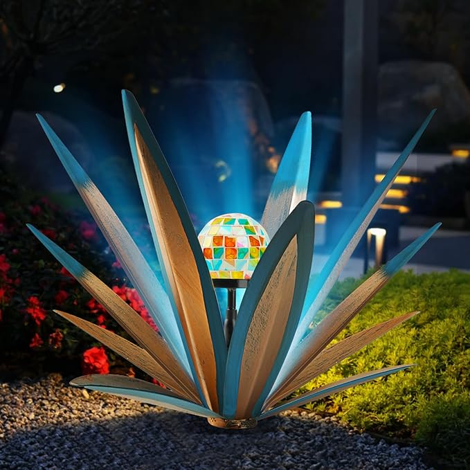 TOMBABY Solar Rustic Garden Style Metal Agave Plants Outdoor Patio, Home Decor Hand-Painted Metal Agave Garden Patio Statues, Suitable for Desert Areas, Outdoor Lawn Decorations (1 Solar Bule)