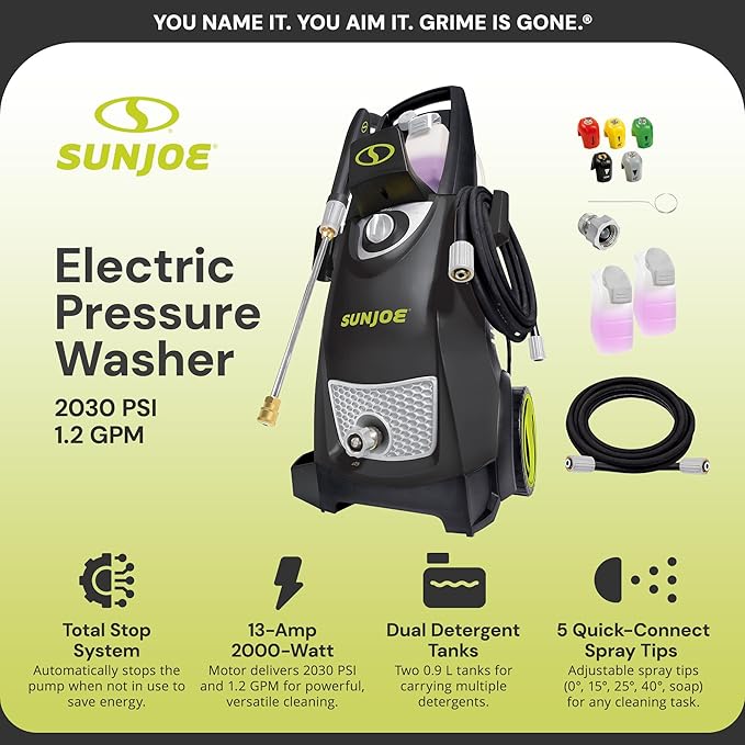 Sun Joe Electric Pressure Power Washer w/Dual Soap Tanks, 2030 PSI (PWMA Certified), 1.2 GPM, 13-Amp Motor - Heavy-Duty Cleaning Machine for Patios, Decks, & Sidewalks, SPX3000