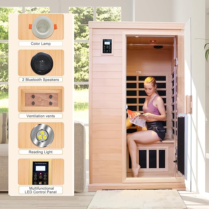 2 Person Infrared Saunas for Home, 2 Person Sauna Hemlock Wood Low EMF FAR Dry Sauna Indoor Saunas for The Home, with Colored Lights 1750W, Room:76.37 * 38.58 * 43.7Inch