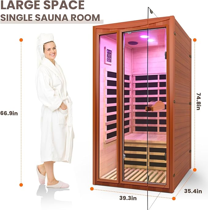 Far Infrared Sauna Home Sauna Spa Room for 1-2 Person Low-EMF Canadian Hemlock Wood 1550W Indoor Saunas with 7 Color Light 39.3 * 35.4 * 74.8Inch