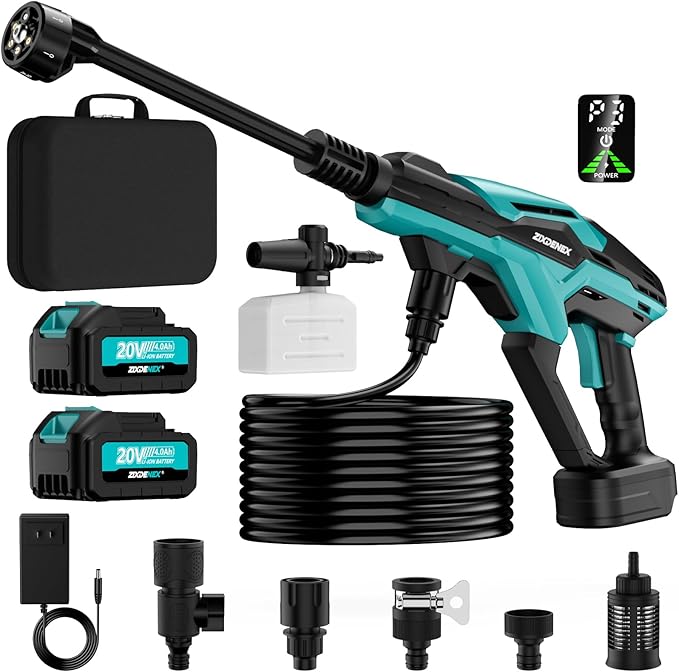 Cordless Pressure Washer, 800PSI Brushless Power Washer with 2 x 4.0Ah Battery, 17FT High Elastic Hose, 6-in-1 Nozzle and Storage Handbag, 3 Power Level Portable Pressure Washer for Home, Car, Garden