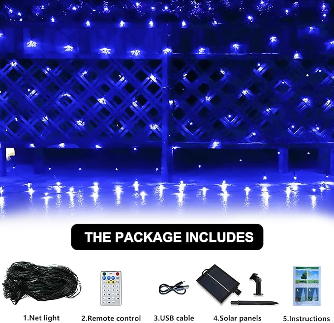 Solar Net Lights Outdoor Mesh Lights Christmas Decorations, 200LED String Tree Wrap Waterproof 19 Modes for Bushes, Fence,Garden, Shrubs,Trunk, Halloween,Xmas Decor (Blue, 9.8ft x 6.6ft)