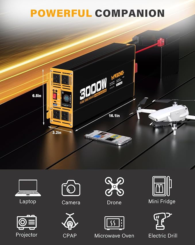 3000W Pure Sine Wave Inverter 24V DC to 110V 120V AC Converter for RV Truck Home Off-Grid Solar Power Inverter with Type-C PD30W/USB Port QC3.0 Quick Charging, 4 AC Outlets, Remote Control