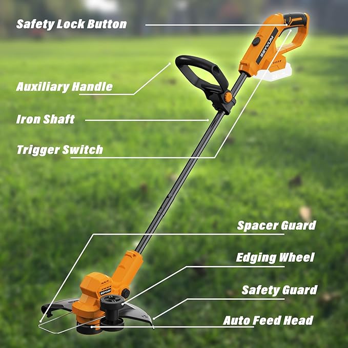 SEYVUM String Trimmer, 20V 12-inch Cordless Weed Wacker with Auto Line Feed, 2 X 2.0Ah Battery Powered Lawn Edger with 8 Pcs Grass Cutter Spool Line, Fast Charger Included, Orange