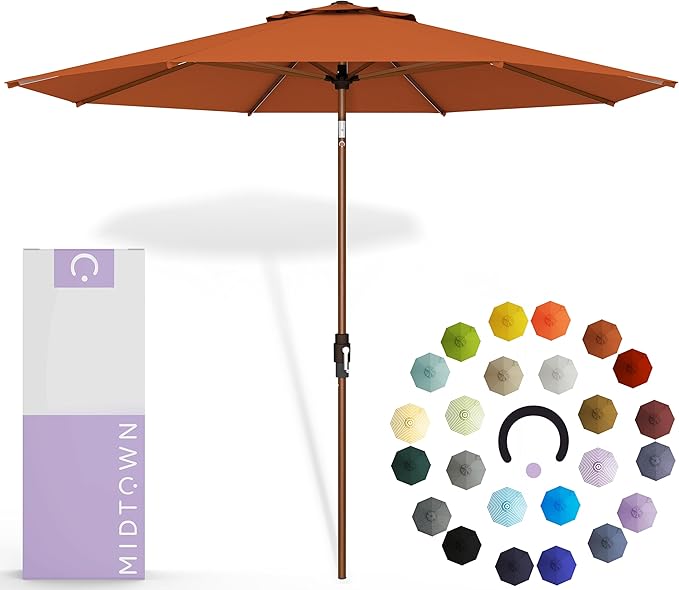 Midtown Umbrellas Wooden 2-8 Feet Outdoor Patio Umbrella, Terylast Dark Orange Fabric, Aluminum Frame For Backyard Umbrella, Deck Umbrella, Garden Umbrella & Pool Umbrella - Wooden Pole