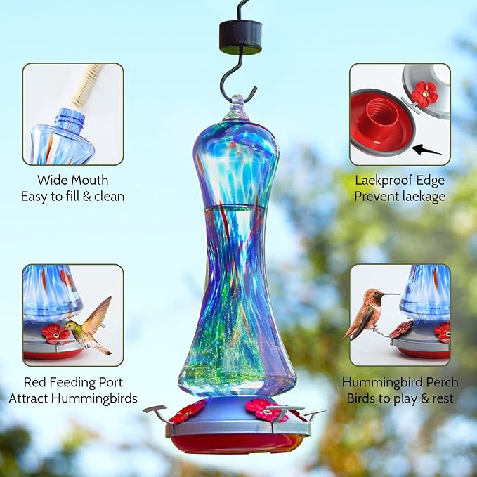 Hummingbird Feeder for Outdoors Hanging, Hand Blown Glass Hummingbird Present with Perch, Leak Proof, Never Fade, 4 Feeding Ports, 20 fl.oz, Include Hook, Ant Moat, Rope, Brush, Presents for Garden