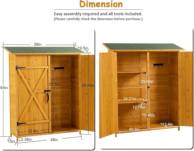 Outdoor Storage Cabinet, Double Lockable Wooden Garden Shed, Outside Vertical Wood Tall Tool Shed for Yard Patio Lawn (Natural)