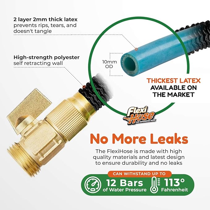 Flexi Hose Upgraded Expandable Garden Hose Extra Strength 3/4 Solid Brass Fittings - The Ultimate No-Kink Flexible Water Hose (Black, 50 FT)