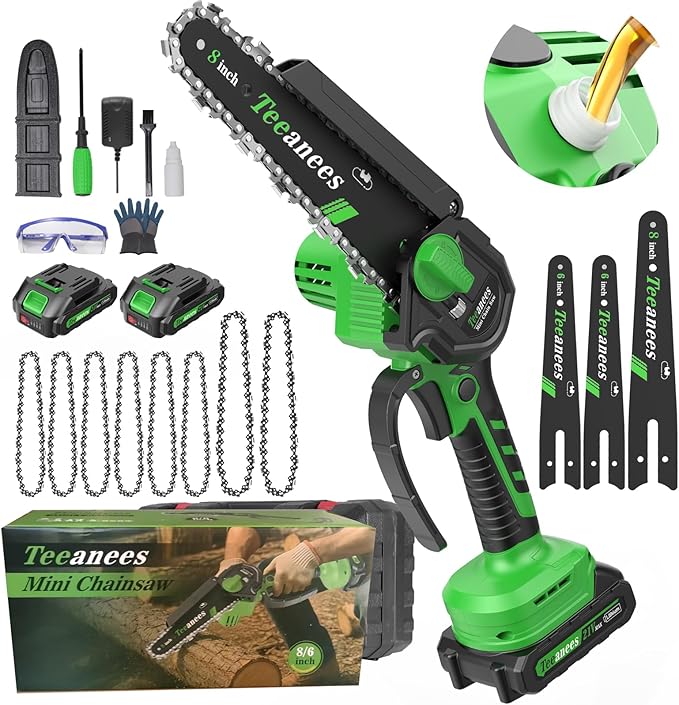 Mini Chainsaw Cordless, 8 Inch & 6 Inch Portable Electric Chain Saw with 2 Battery 8 Chains, Auto Oiler, Battery Powered Small Handheld Saw for Wood Cutting, Tree Trimming, Garden(Green)