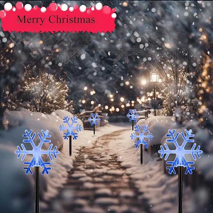 Christmas Snowflake Pathway Lights, 6 Pack Outside Walkway Markers Lights 7.5 Feet Christmas Outdoor Decorations Garden Stake Backyard Decor (Ice Blue)