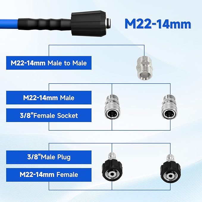 Pressure Washer Hose 50FT 1/4'' Kink Resistant 3600 PSI Power Washer Hose Extension with Leak-Free M22 Female and 3/8" Quick Connection Kit (50FT)