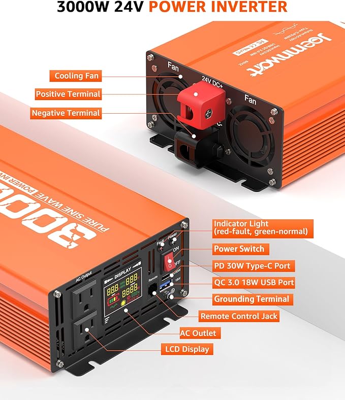 3000W Pure Sine Wave Power Inverter 12V DC to 110V AC Converter, LED Display,Remote Control, Car Inverter with 2AC Outlets,Fast Charging USB Port for RV,Truck,Home