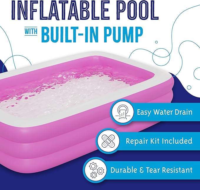 Inflatable Pool with Built in Air Pump (Pink - Large - 120" x 72.8" x 23.6") - Inflatable Swimming Pool for Kids & Adults - Self Inflating Blow Up Pool - Family & Kiddie Pool - Summer Water Party