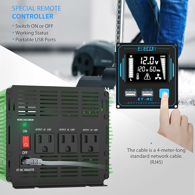 EDECOA 2000 Watt Power Inverter DC 12V to AC 110V 120V 2000W Converter with LCD Display and Remote Controller Dual USB (with ET-RC Remote)