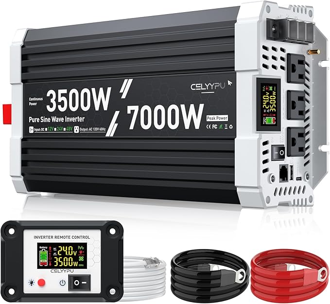 3500 watt Pure sine Wave Inverter, 24V DC to 110V AC Power Inverter, Used for Solar Emergency Power Supply in RV Homes, with 3 AC Output sockets, USB Port, Type-C Port, Remote Control with LCD Screen