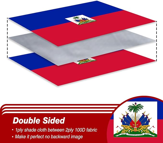 Haiti Haitian Flag 3x5 ft Outdoor, Double Sided 3 Ply Heavy Duty Haiti National Country Flag, 100% Quality Polyester Haitian Banner with Brass Grommets 4 Rows Stitches
