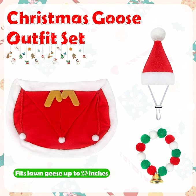 Christmas Porch Goose Outfits Mrs. Claus Goose Clothes Fits 23" Plastic Cement Statues, Red Cloak Goose Outfit Costume with Bell Necklace and Hat for Outdoor Garden Patio Yard Lawn Party Decoration