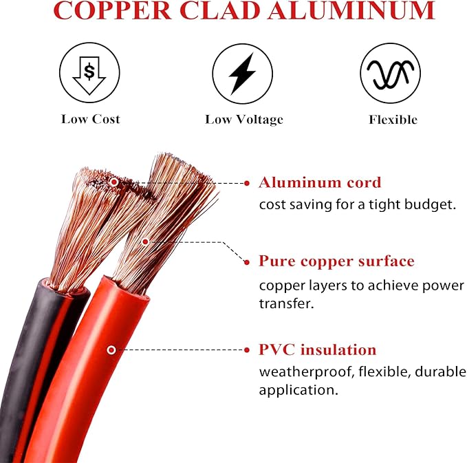 2 Gauge Battery Power Cable (5 Feet Black, 5 Feet Red) - 2 AWG Copper Clad Welding Wire with M8 & M10 SC Cable Lugs for Car, Camper, RV, Solar Low Voltage Wiring