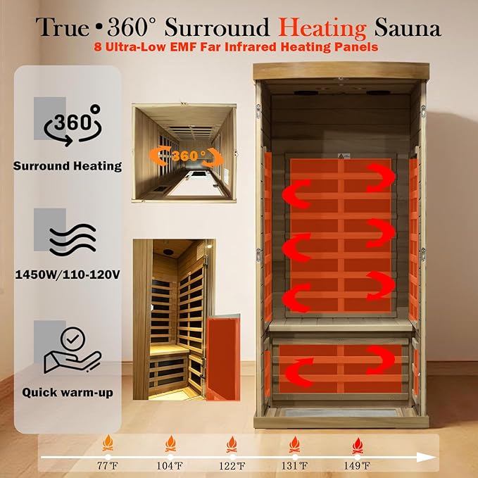 Red Cedar Personal Indoor Infrared Sauna Room, Low EMF Far-Infrared Sauna, Dual LCD Control Panel Inside and Outside,Bluetooth Speaker, Tempered Glass Door with Far Infrared Heating Panel