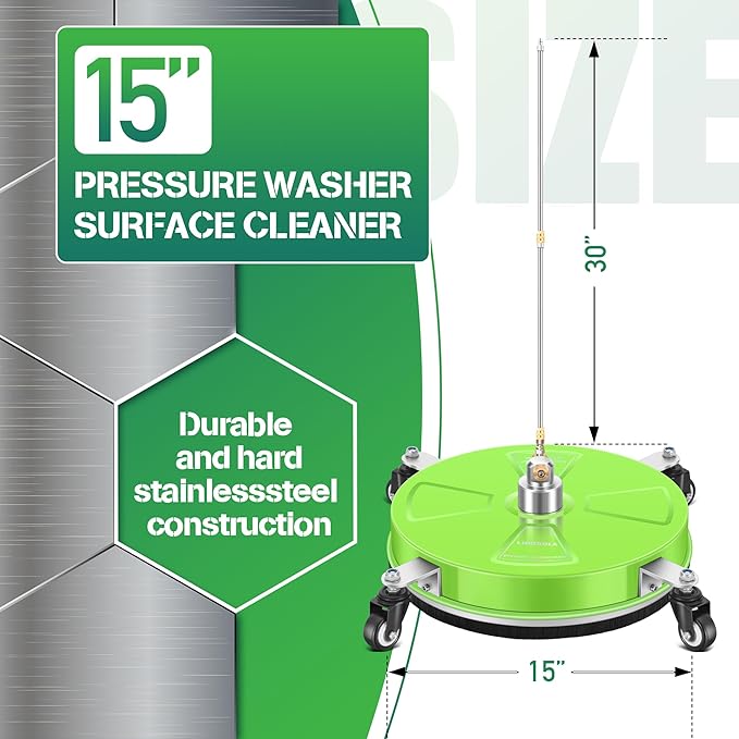 15“ Pressure Washer Surface Cleaner with 4 Wheels - Coated Green Stainless Steel Surface Cleaner for Pressure Washer Attachment for Concrete, Driveway, Patio, Sidewalk, Deck and Driveways - PWS15G