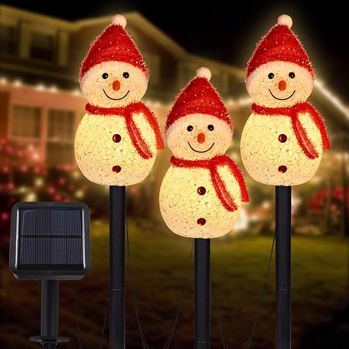 3PCS Snowman Shape Solar Christmas Lights Decorations, Solar Landscape Pathway Stakes Lights, Outdoor Christmas Lights Decor for Garden, Yard, Porch (Red Hat-Warm White)