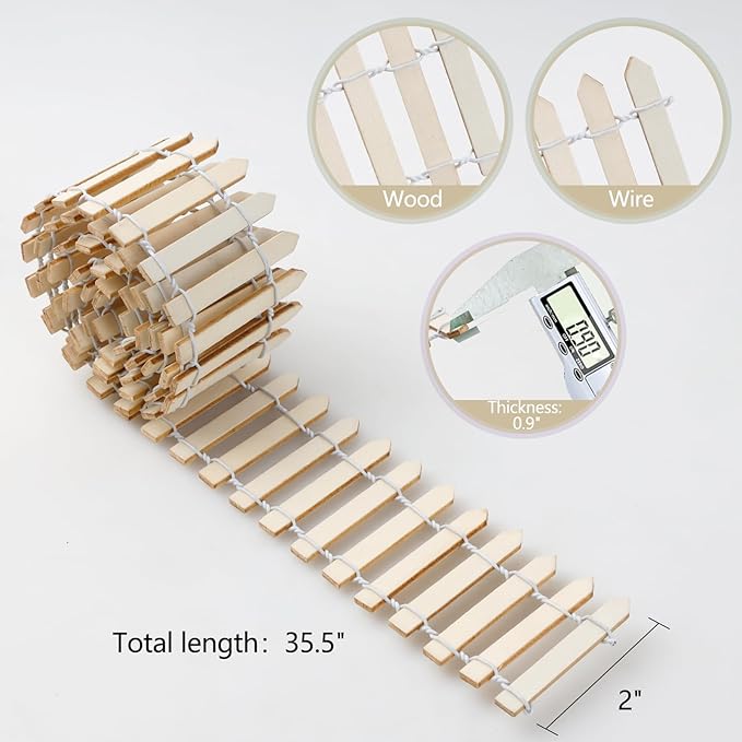 Mini Fairy Garden Fence, 35.5 Inch Cuttable Small Wood Picket Fence, DIY Miniature Accessories Decoration for Dollhouse, Crafts, Vegetable Platter, Cake(Wood)