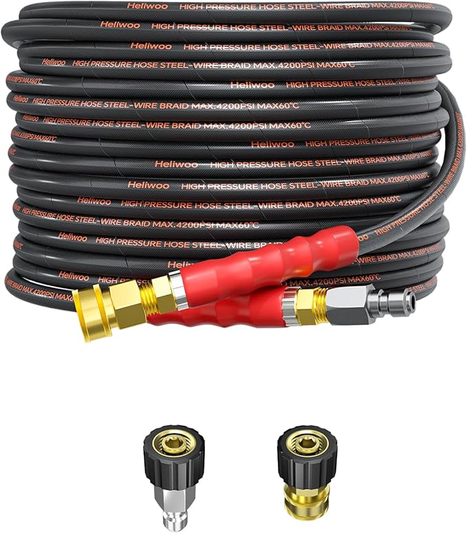 Pressure Washer Hose 25FT, 4200PSI 1/4 No Marking Kink Free Hose with 3/8 Quick Connect Ends and Adapters for Hot & Cold Water up to 140°F, Steel Wire Braided Hose for Power Washing