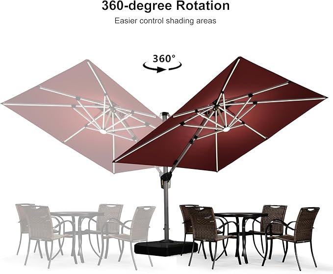 PURPLE LEAF 9 Feet Solar Powered LED Square Cantilever Umbrella With Base Patio Umbrellas Windproof Hanging Umbrella Outdoor Offset Umbrellas, Brick Red