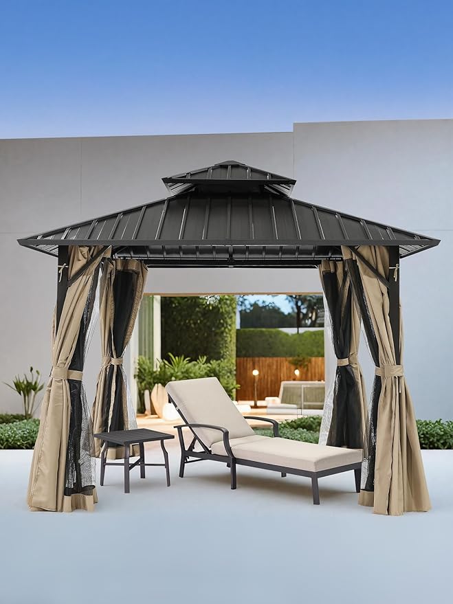 10' x 10' Hardtop Gazebo, Aluminum Frame Outdoor Patio Gazebos with Netting and Curtains, Outdoor Gazebo Canopy, Patio Pergola with Double Steel Roofs for Backyard, Patio, Deck, Sandstone